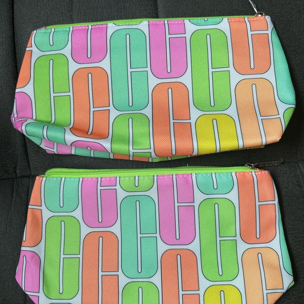 Lot of 2 New Clinique Multicolor Cosmetic Bag Set Pink Green Yellow Orange Neon